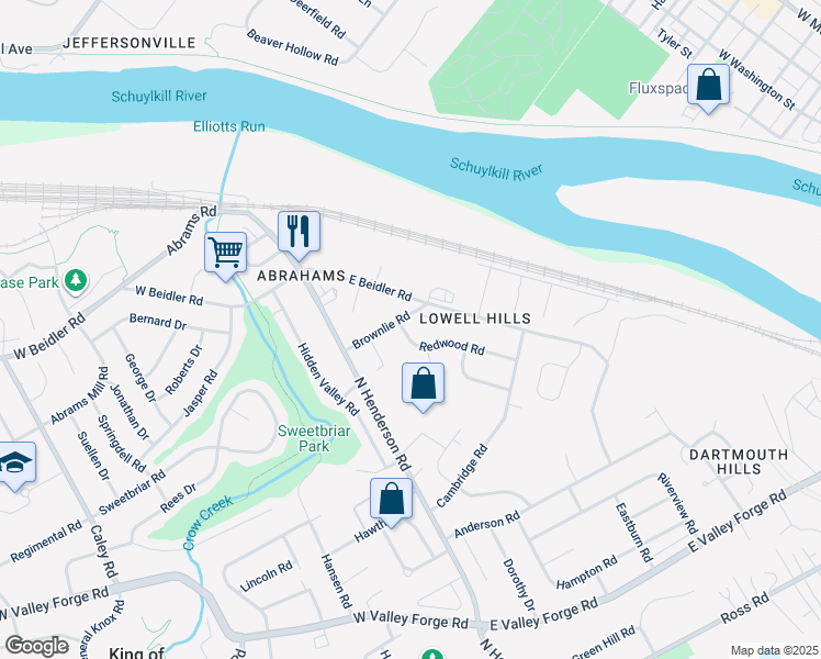 map of restaurants, bars, coffee shops, grocery stores, and more near 171 Redwood Road in King of Prussia