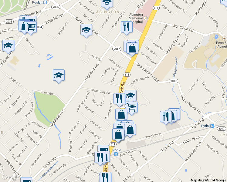 map of restaurants, bars, coffee shops, grocery stores, and more near 1821 Canterbury Road in Abington