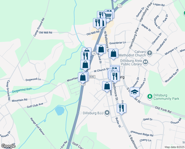 map of restaurants, bars, coffee shops, grocery stores, and more near 128 Harrisburg Street in Dillsburg