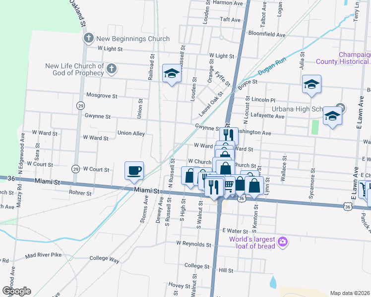 map of restaurants, bars, coffee shops, grocery stores, and more near 326 North High Street in Urbana