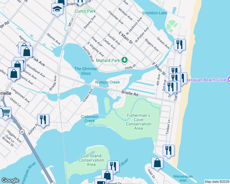 map of restaurants, bars, coffee shops, grocery stores, and more near 2 Drawbridge Lane in Manasquan
