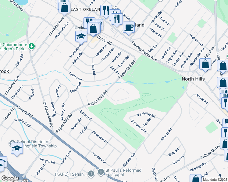 map of restaurants, bars, coffee shops, grocery stores, and more near 7 Red Oak Road in Oreland