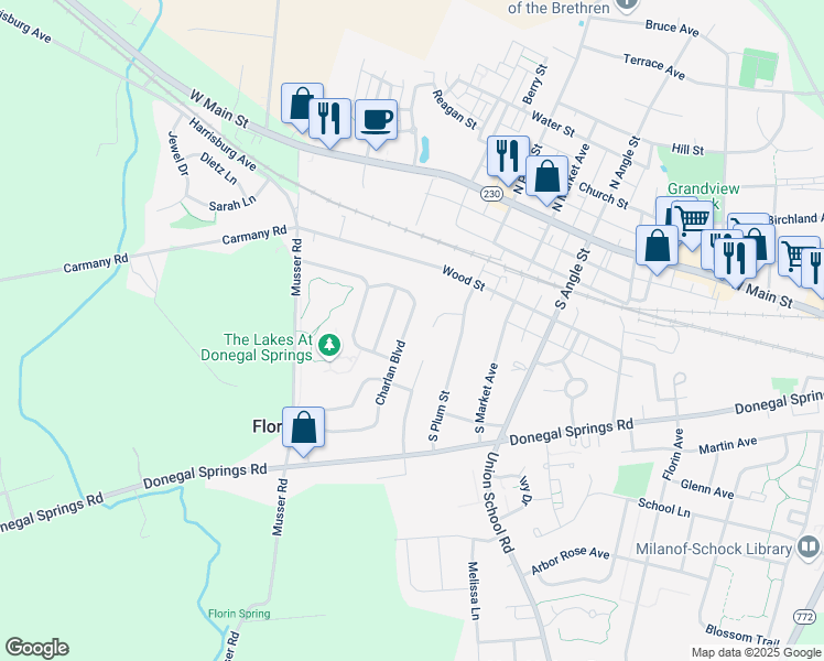map of restaurants, bars, coffee shops, grocery stores, and more near 216 Charlan Boulevard in Mount Joy