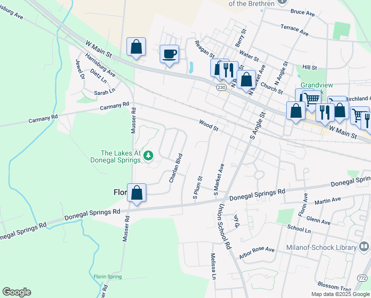 map of restaurants, bars, coffee shops, grocery stores, and more near 216 Charlan Boulevard in Mount Joy