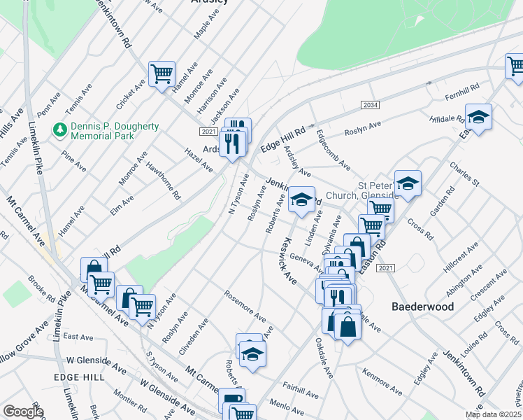 map of restaurants, bars, coffee shops, grocery stores, and more near 458 Roberts Avenue in Glenside