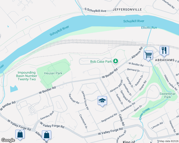 map of restaurants, bars, coffee shops, grocery stores, and more near 527 Susan Drive in King of Prussia