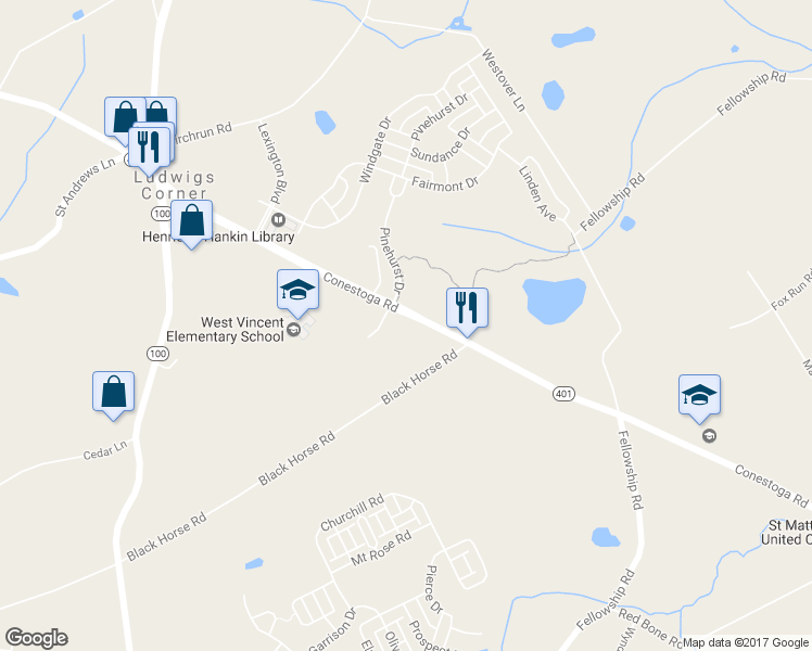 map of restaurants, bars, coffee shops, grocery stores, and more near 1 Rachael Drive in Chester Springs