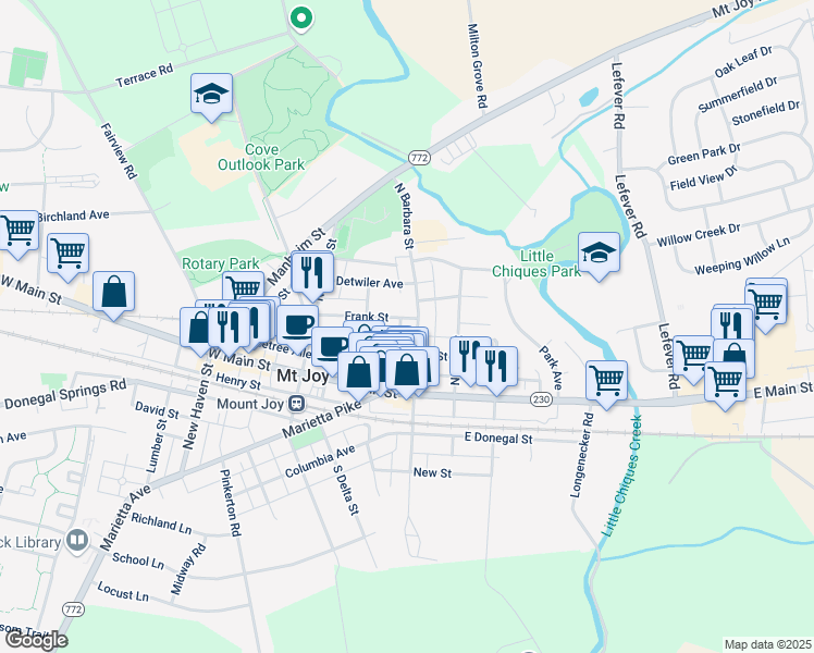 map of restaurants, bars, coffee shops, grocery stores, and more near 205 North Barbara Street in Mount Joy