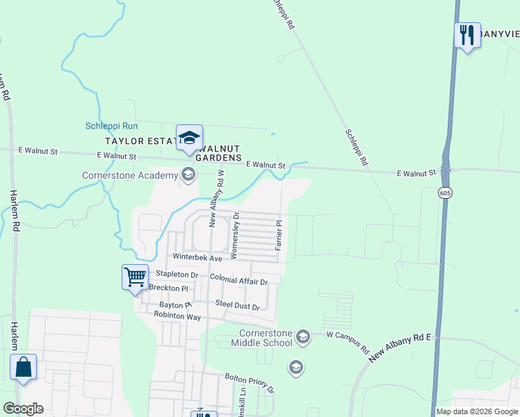 map of restaurants, bars, coffee shops, grocery stores, and more near 7230 Upper Albany Drive in New Albany