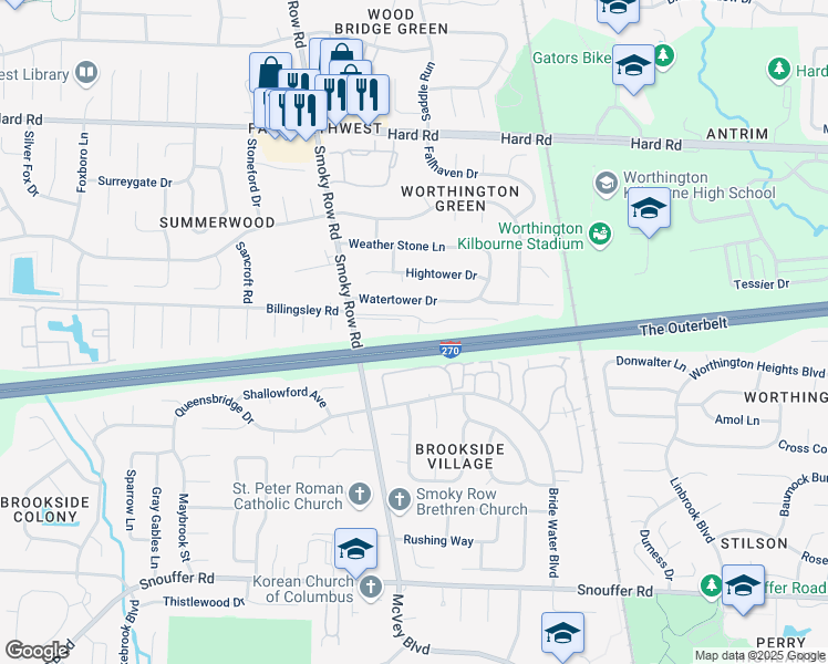 map of restaurants, bars, coffee shops, grocery stores, and more near 1740 Park Village Drive in Columbus