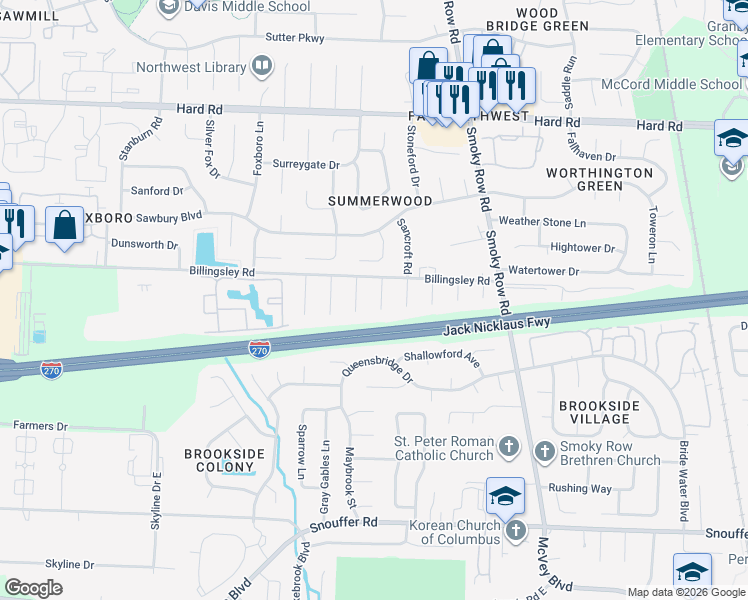 map of restaurants, bars, coffee shops, grocery stores, and more near 7591 Tyjon Circle in Columbus