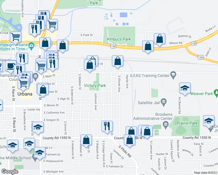 map of restaurants, bars, coffee shops, grocery stores, and more near 208 South Cottage Grove Avenue in Urbana