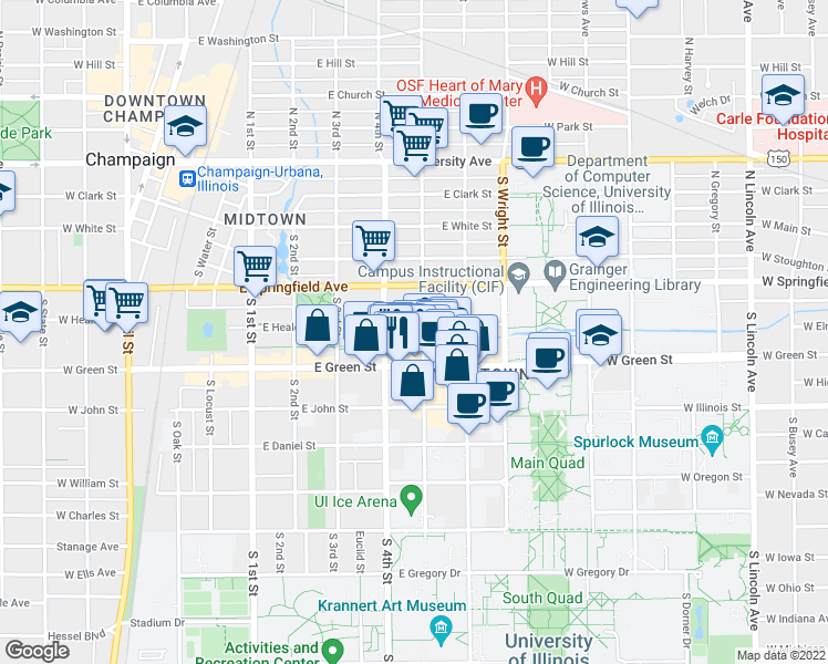 map of restaurants, bars, coffee shops, grocery stores, and more near 403 East Healey Street in Champaign