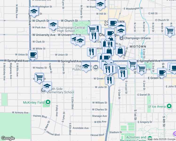 map of restaurants, bars, coffee shops, grocery stores, and more near 308 West Healey Street in Champaign