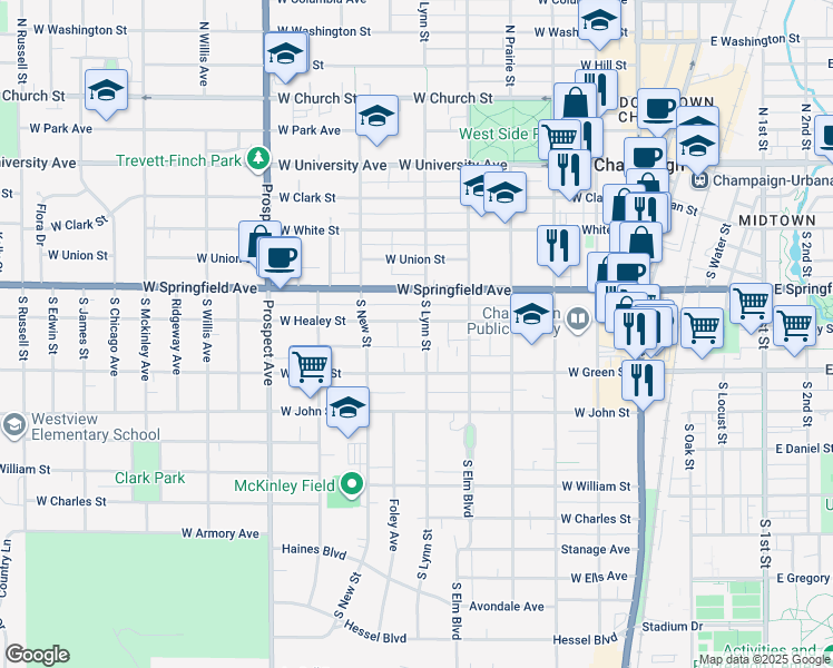 map of restaurants, bars, coffee shops, grocery stores, and more near 605 West Healey Street in Champaign