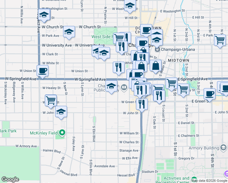 map of restaurants, bars, coffee shops, grocery stores, and more near 308 West Healey Street in Champaign