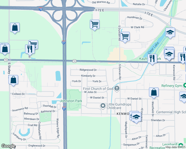 map of restaurants, bars, coffee shops, grocery stores, and more near 3210 Kimberly Drive in Champaign