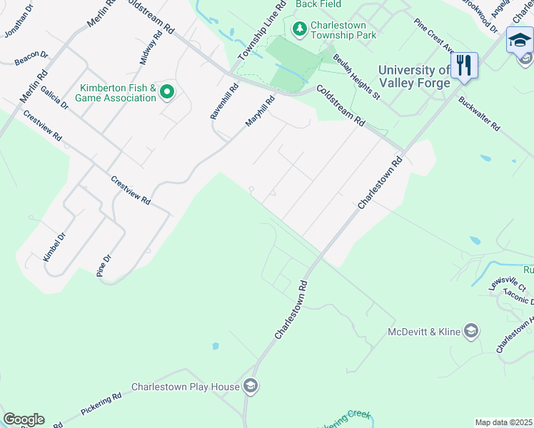 map of restaurants, bars, coffee shops, grocery stores, and more near 2585 Charlestown Road in Phoenixville