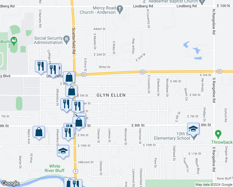 map of restaurants, bars, coffee shops, grocery stores, and more near 2512 East 5th Street in Anderson