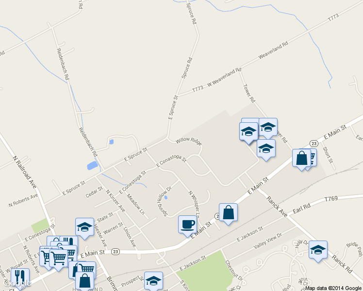 map of restaurants, bars, coffee shops, grocery stores, and more near 224 Willow Ridge in New Holland