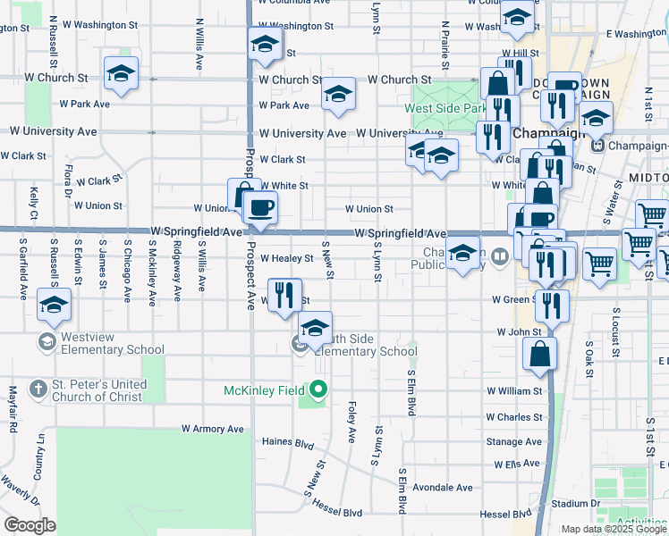 map of restaurants, bars, coffee shops, grocery stores, and more near 617 West Healey Street in Champaign