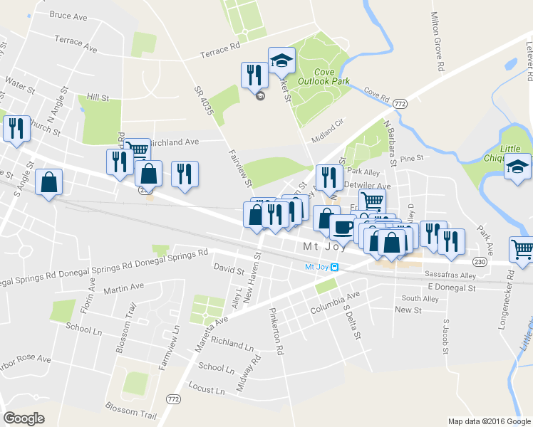 map of restaurants, bars, coffee shops, grocery stores, and more near 15 Hopewell Street in Mount Joy