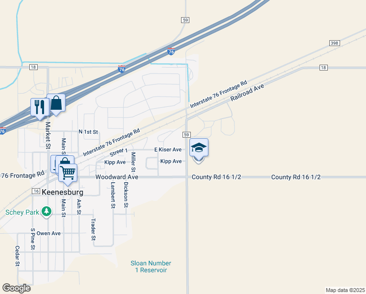 map of restaurants, bars, coffee shops, grocery stores, and more near 595 East Kiser Avenue in Keenesburg