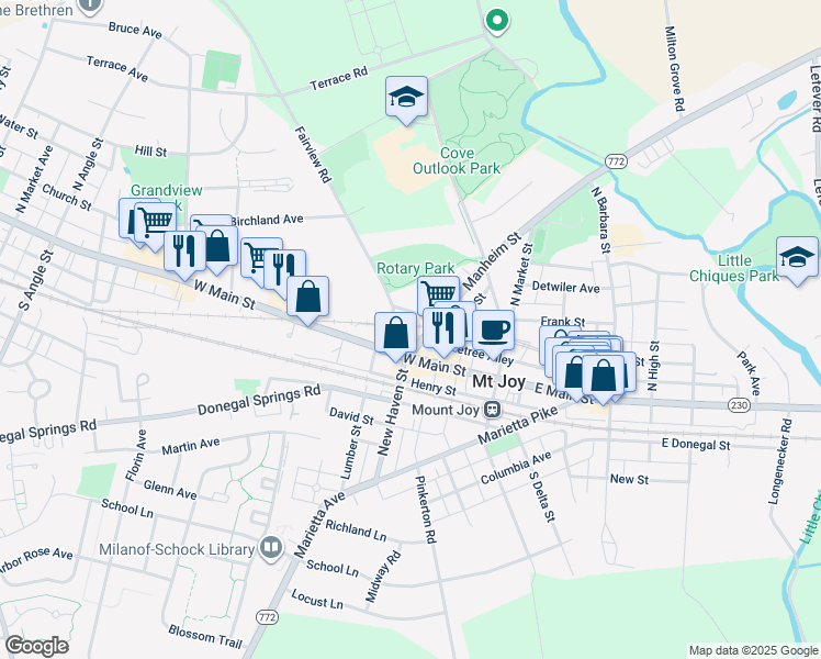 map of restaurants, bars, coffee shops, grocery stores, and more near 15 Hopewell Street in Mount Joy