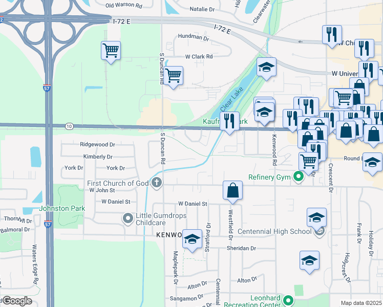 map of restaurants, bars, coffee shops, grocery stores, and more near 2806 Blair Drive in Champaign