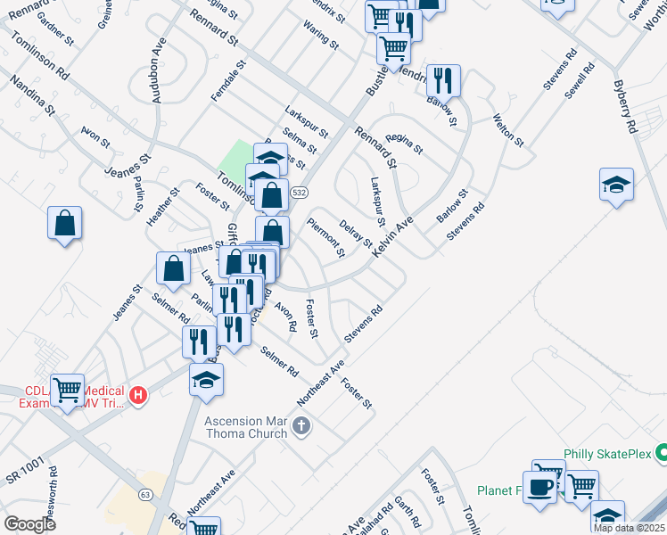 map of restaurants, bars, coffee shops, grocery stores, and more near 11003 Lindsay Street in Philadelphia