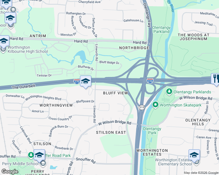 map of restaurants, bars, coffee shops, grocery stores, and more near 844 Linworth Road East in Columbus