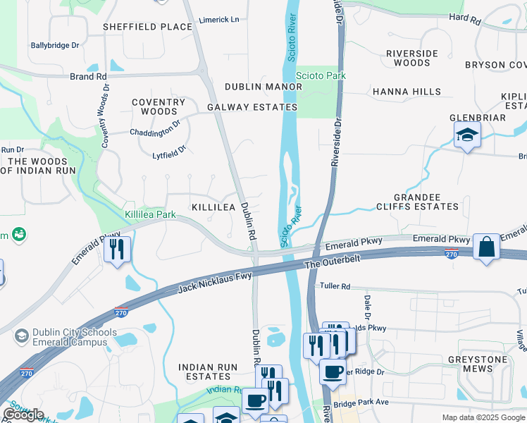 map of restaurants, bars, coffee shops, grocery stores, and more near 7044 Ohio 745 in Dublin