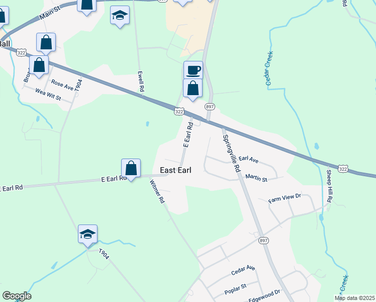 map of restaurants, bars, coffee shops, grocery stores, and more near 1274 East Earl Road in East Earl