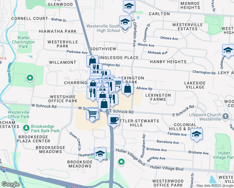 map of restaurants, bars, coffee shops, grocery stores, and more near 50 East Schrock Road in Westerville
