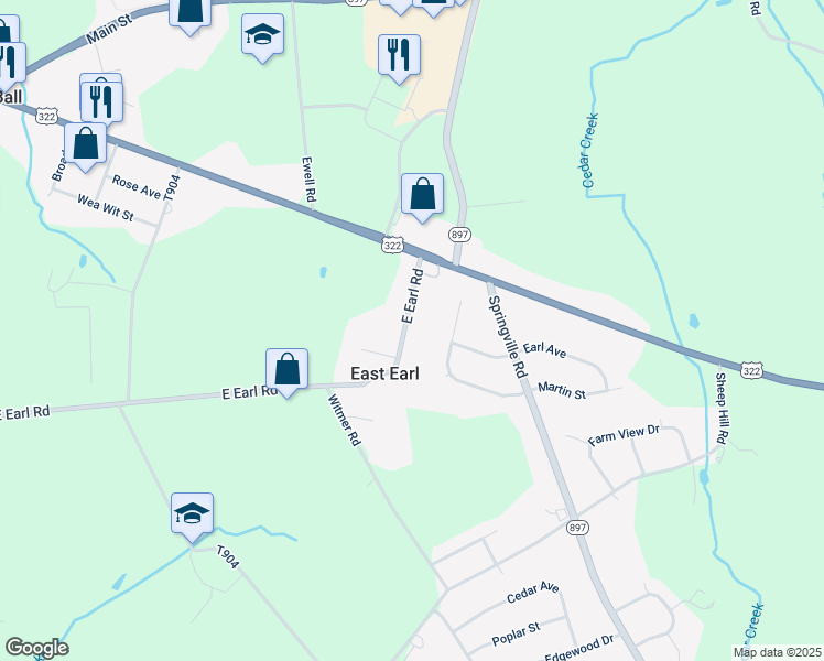 map of restaurants, bars, coffee shops, grocery stores, and more near 1274 East Earl Road in East Earl