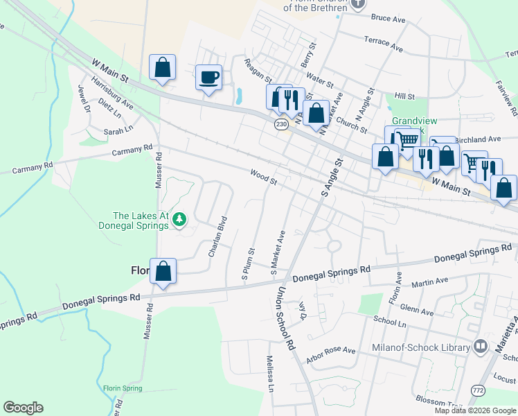 map of restaurants, bars, coffee shops, grocery stores, and more near 410 South Plum Street in Mount Joy