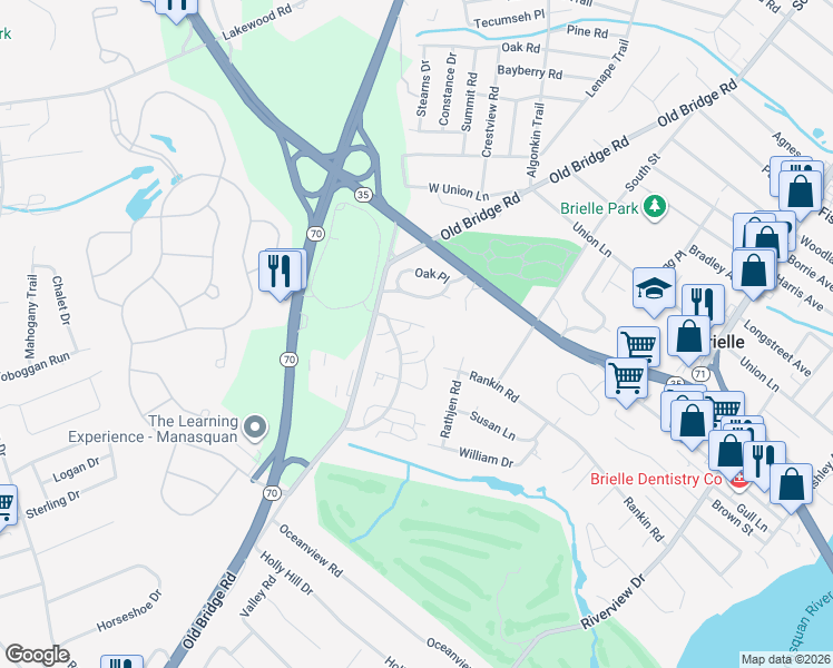 map of restaurants, bars, coffee shops, grocery stores, and more near 6 Hickory Court in Brielle
