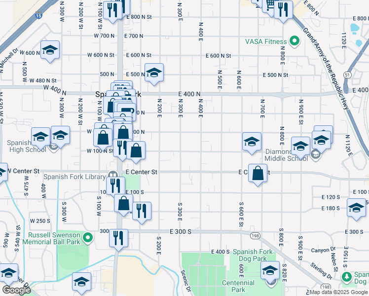 map of restaurants, bars, coffee shops, grocery stores, and more near 311 East 100 North in Spanish Fork