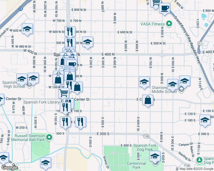 map of restaurants, bars, coffee shops, grocery stores, and more near 311 East 100 North in Spanish Fork