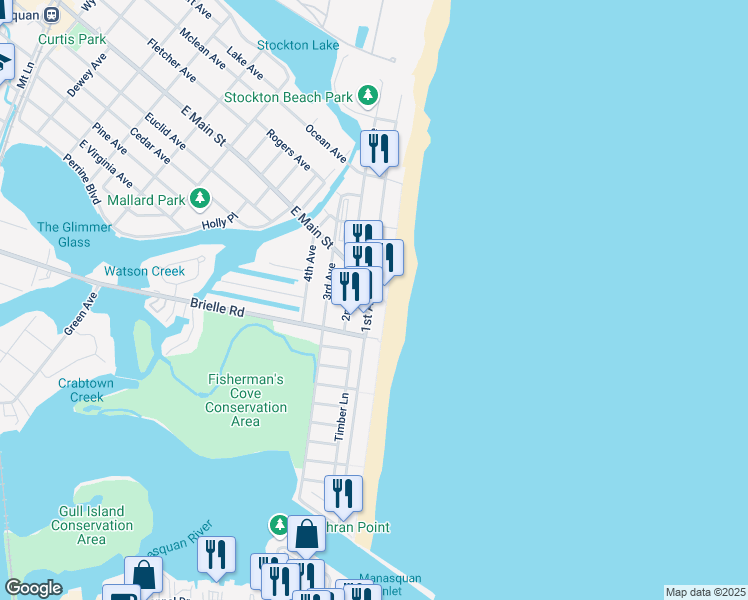 map of restaurants, bars, coffee shops, grocery stores, and more near 209 Beach Front in Manasquan