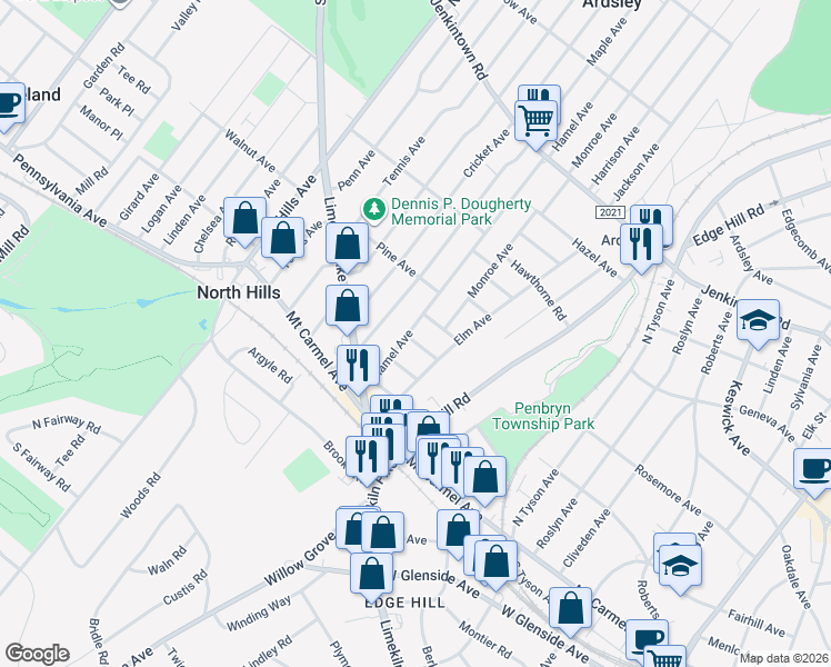 map of restaurants, bars, coffee shops, grocery stores, and more near 226 Hamel Avenue in Glenside