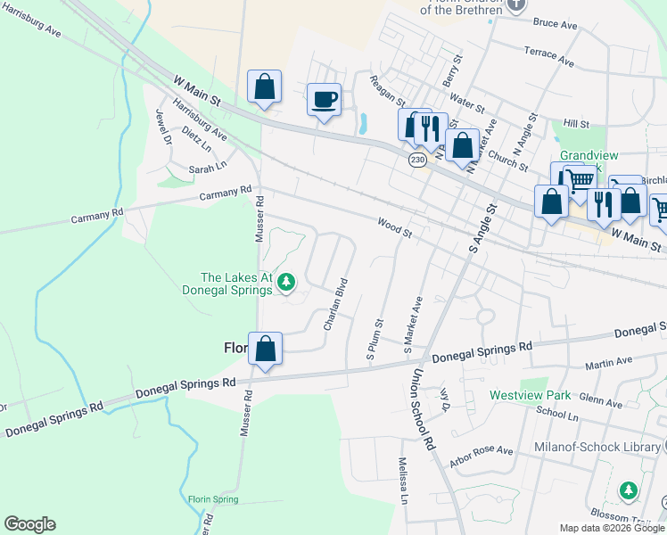 map of restaurants, bars, coffee shops, grocery stores, and more near 214 Waters Edge Drive in Mount Joy