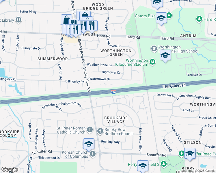 map of restaurants, bars, coffee shops, grocery stores, and more near 1731 Park Village Drive in Columbus