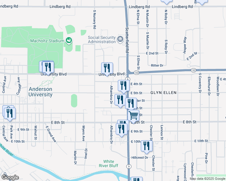 map of restaurants, bars, coffee shops, grocery stores, and more near 2006 East 5th Street in Anderson
