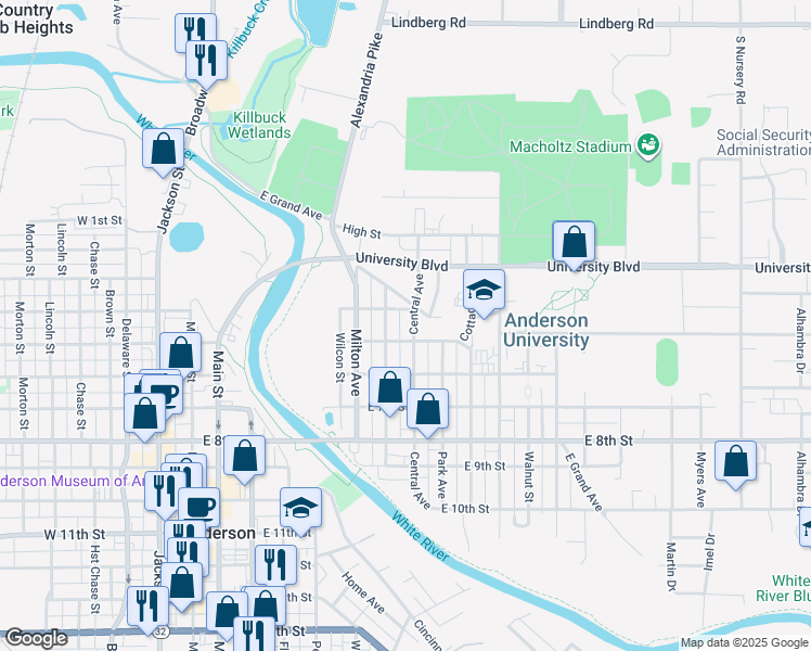 map of restaurants, bars, coffee shops, grocery stores, and more near 411 Central Avenue in Anderson