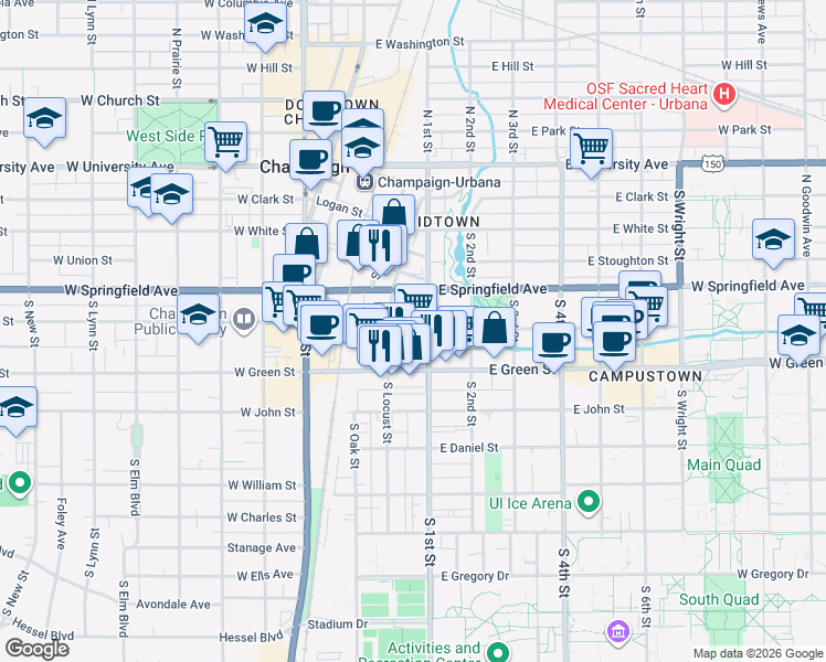 map of restaurants, bars, coffee shops, grocery stores, and more near 507 South 1st Street in Champaign