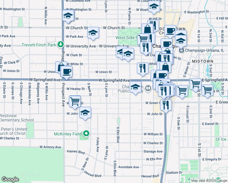 map of restaurants, bars, coffee shops, grocery stores, and more near 509 West Healey Street in Champaign