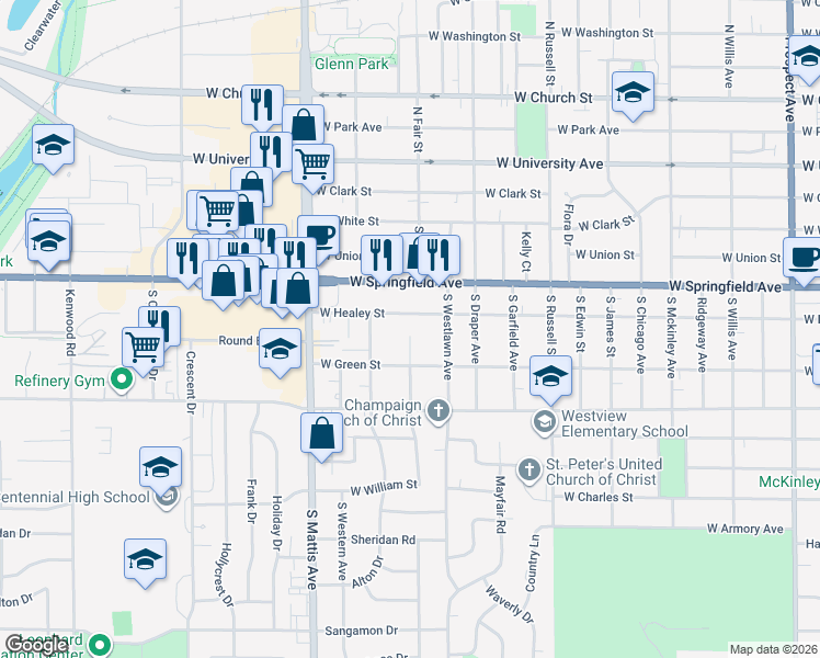map of restaurants, bars, coffee shops, grocery stores, and more near 1607 West Healey Street in Champaign