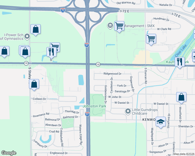 map of restaurants, bars, coffee shops, grocery stores, and more near 3320 Kimberly Drive in Champaign