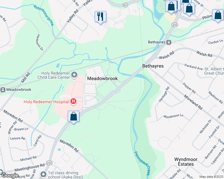 map of restaurants, bars, coffee shops, grocery stores, and more near 955 Meadowbrook Drive in Montgomery County